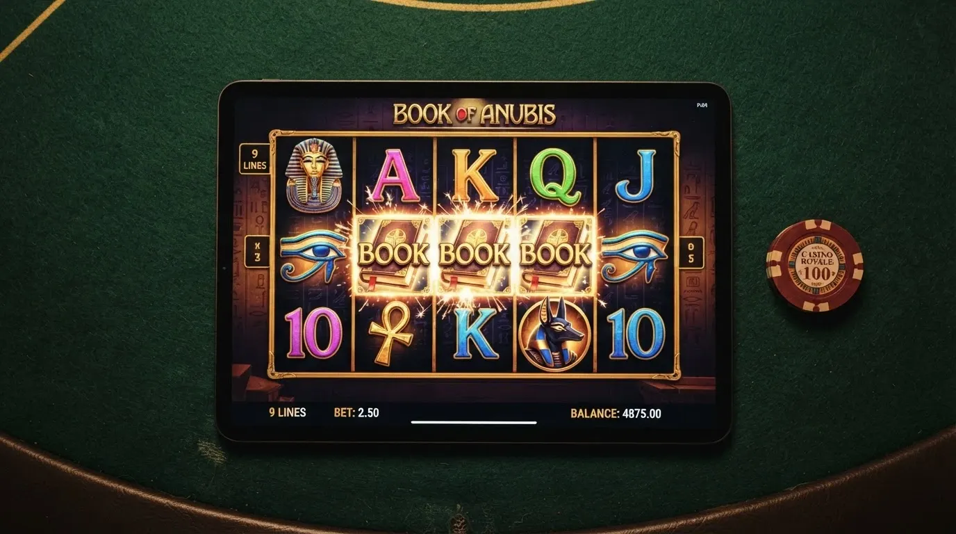 La schermata di Book of Dead, la slot Play'n GO più iconica, con i rulli e il simbolo del libro dorato