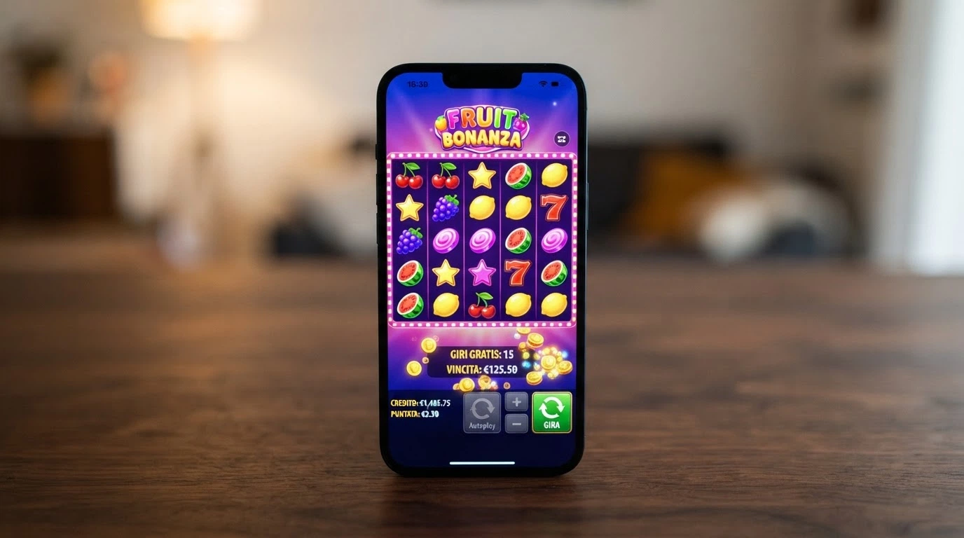 Griglia 6×5 della slot Sweet Bonanza di Pragmatic Play con simboli di frutta e caramelle, interfaccia di gioco attiva