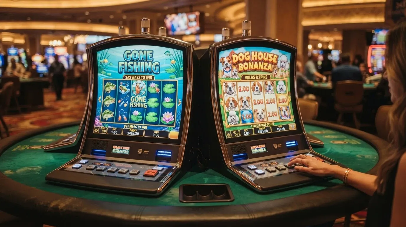 Due slot machine affiancate — una a tema pesca (Big Bass Bonanza) e una a tema cani (The Dog House Megaways) — con i rulli in movimento e i simboli visibili