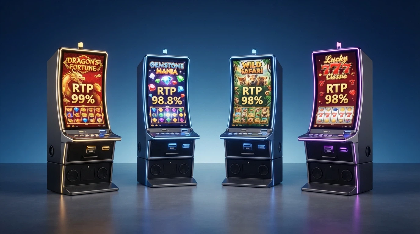 Quattro slot machine con i rispettivi valori RTP in evidenza sullo schermo, disposte a confronto