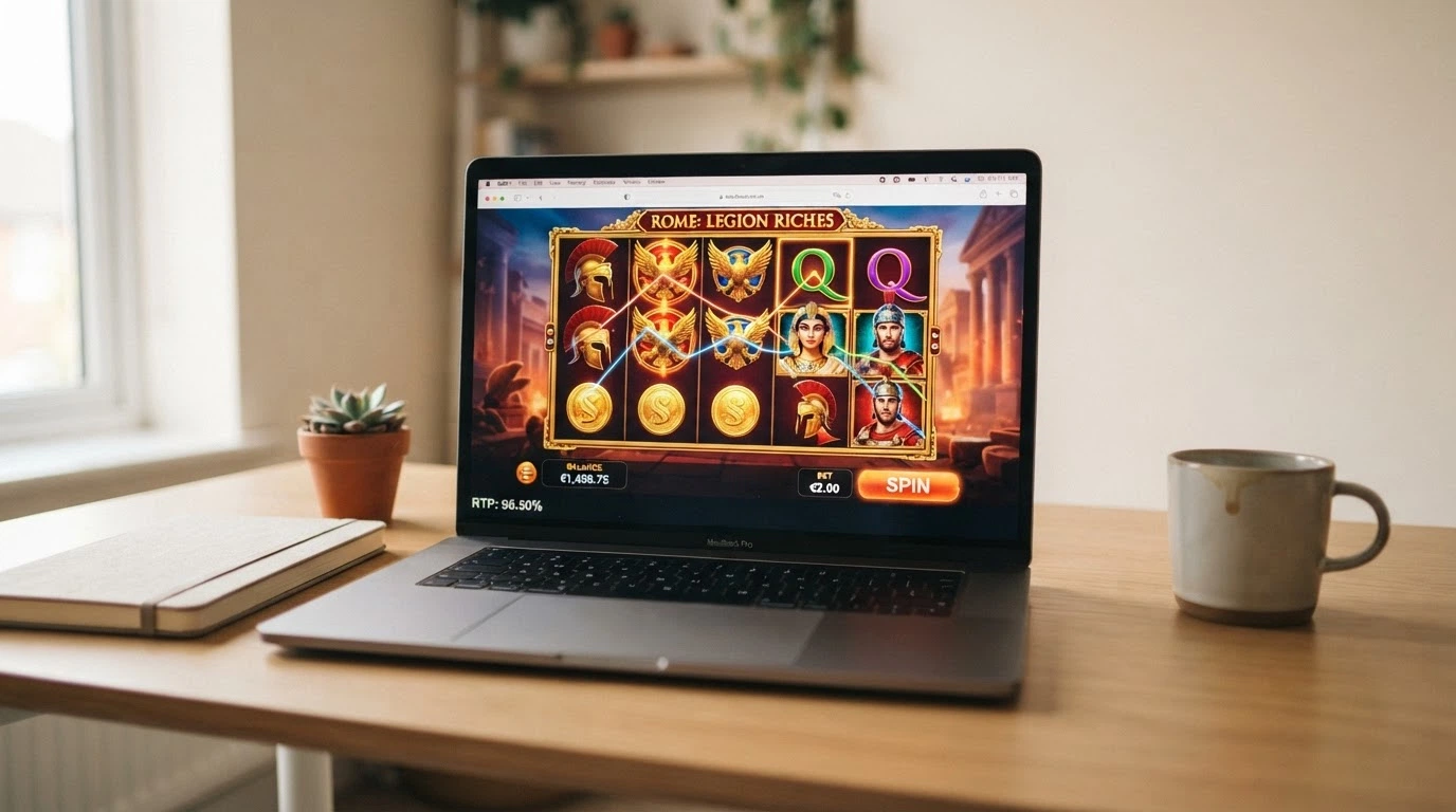 Schermata di una slot machine online con simboli colorati e interfaccia di puntata in criptovaluta