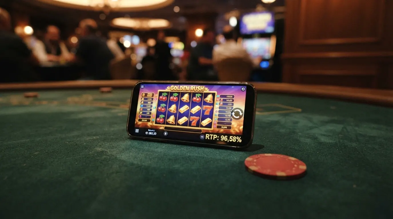 Una slot machine online con rulli in movimento, simboli colorati e l'indicatore del moltiplicatore visibile in primo piano, su sfondo scuro da casinò