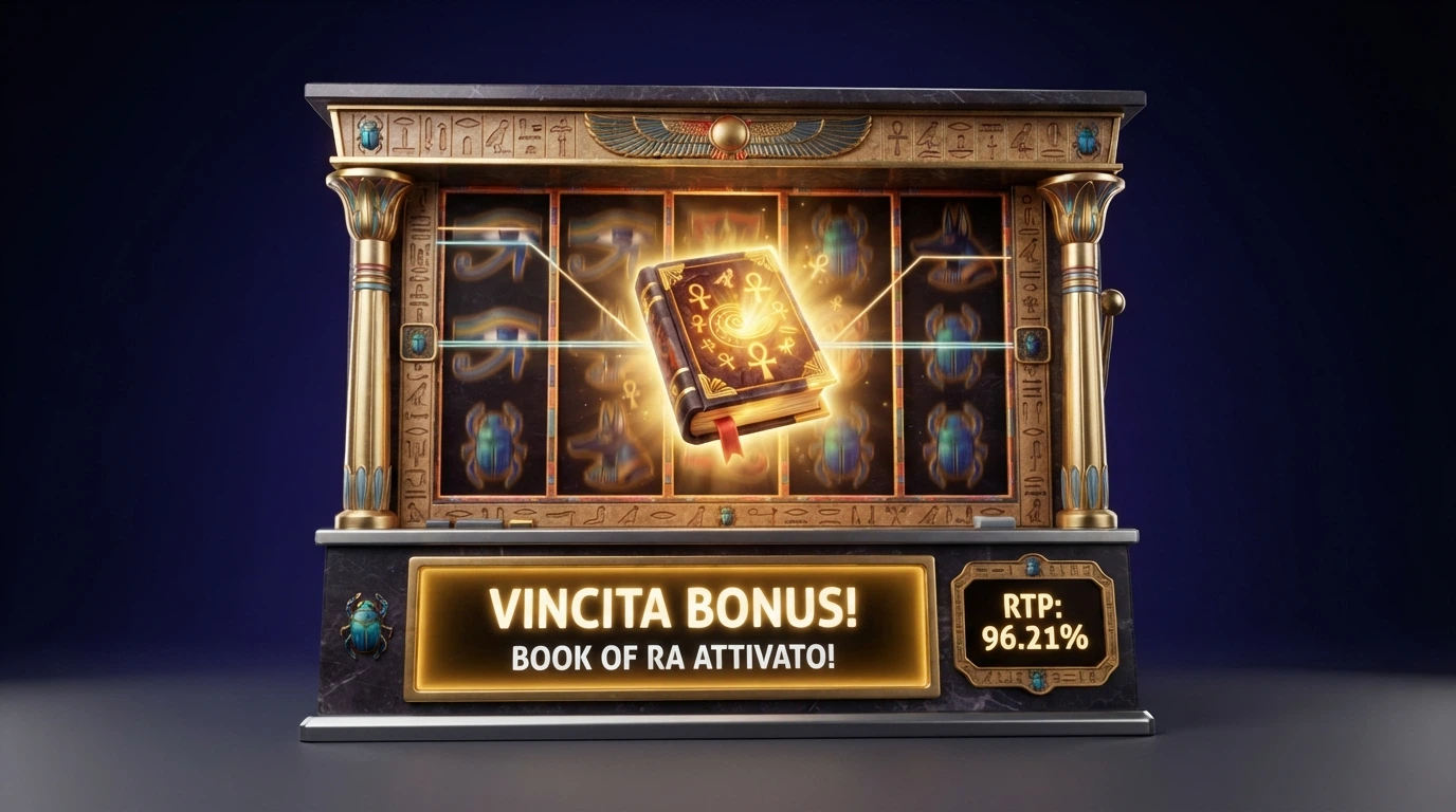Una schermata della slot Book of Dead con il simbolo del libro egizio espanso, affiancata da un riquadro che mostra il valore RTP 96.21%