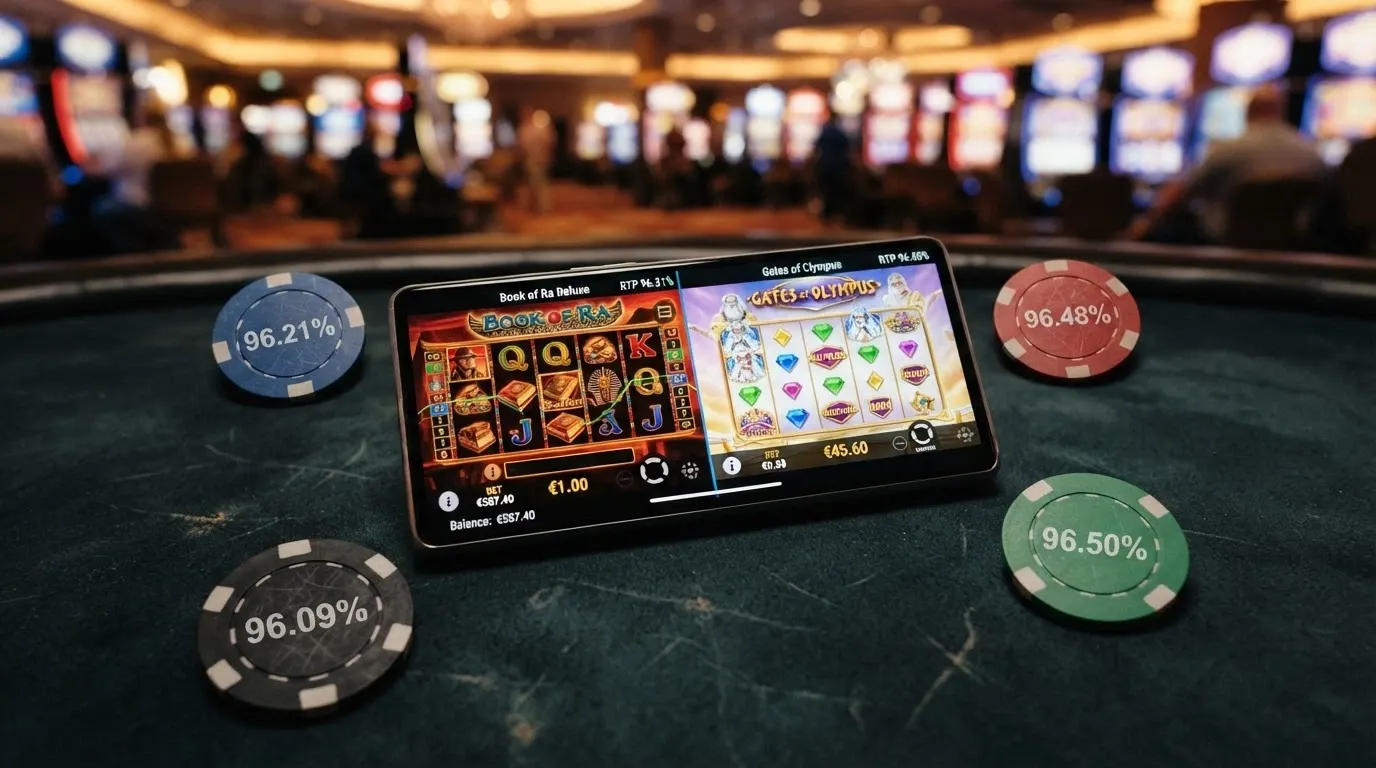 Quattro schermate di slot (Book of Dead, Sweet Bonanza, Gates of Olympus, Starburst) con i rispettivi RTP in sovrimpressione
