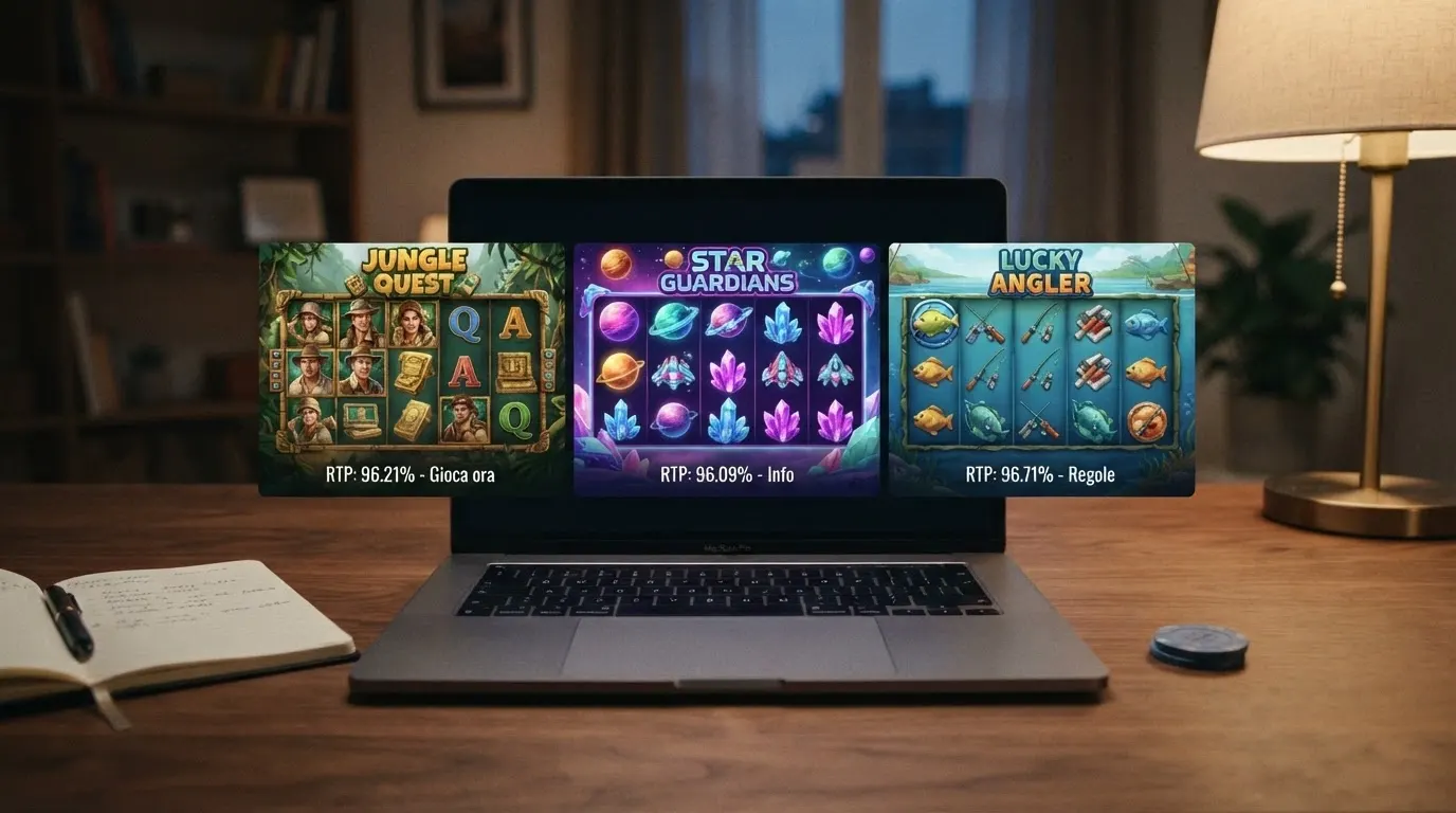 Una selezione di schermate di slot popolari presso i concessionari ADM (Book of Dead, Starburst, Big Bass Splash) con l'RTP dichiarato in evidenza