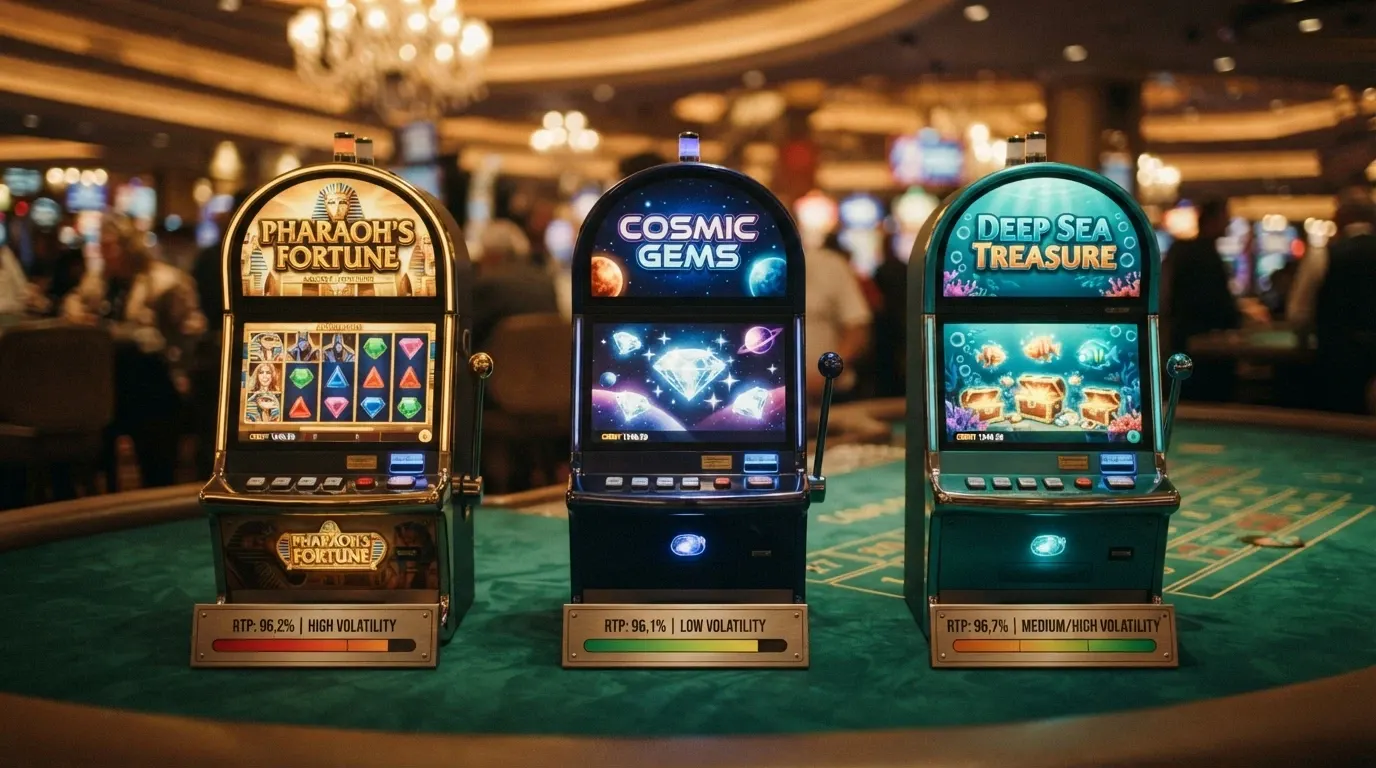Tre slot affiancate — Book of Dead, Starburst, Big Bass Bonanza — con il loro RTP in evidenza e una barra di volatilità sotto ciascuna