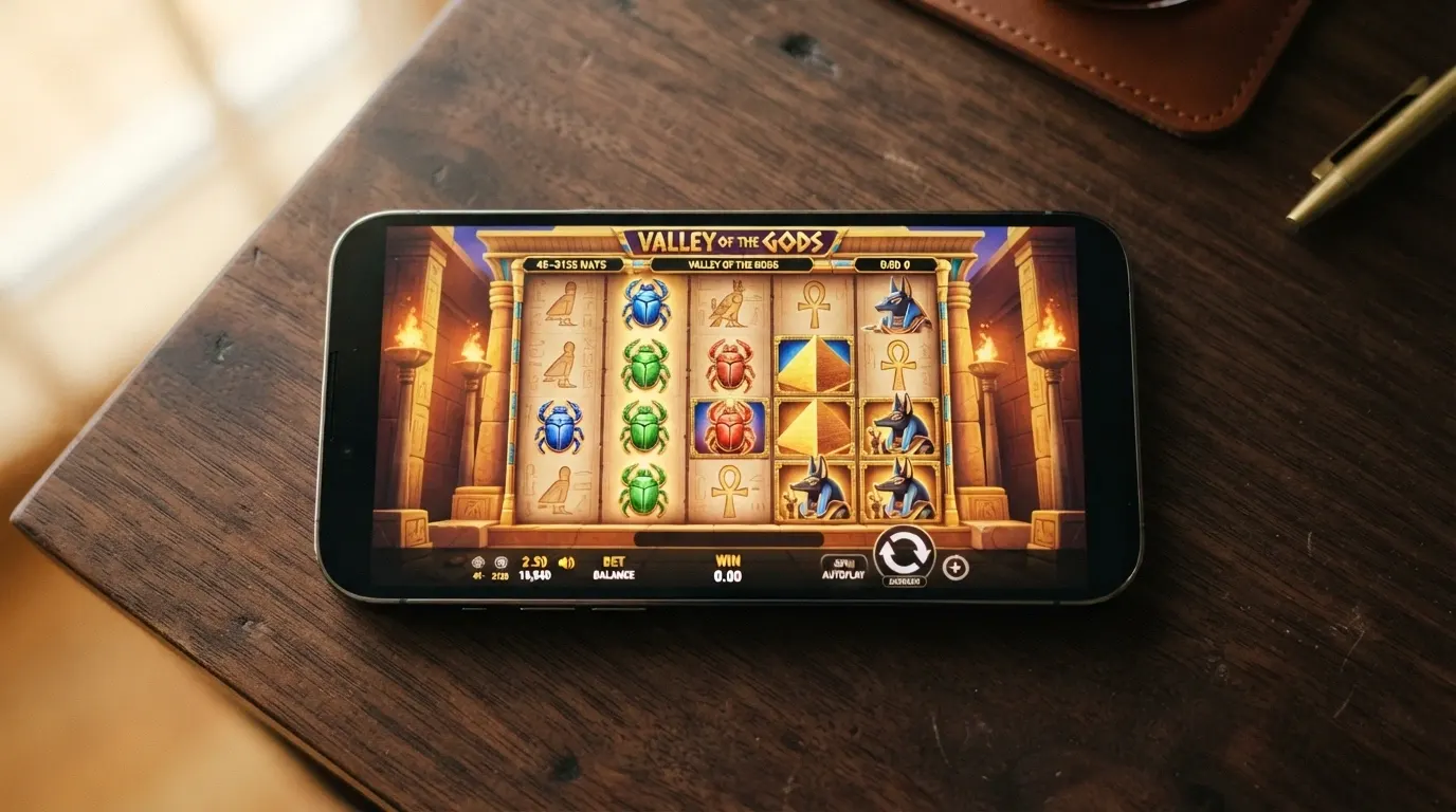 Schermata della slot Valley of the Gods di Yggdrasil con i rulli e i simboli egiziani in evidenza