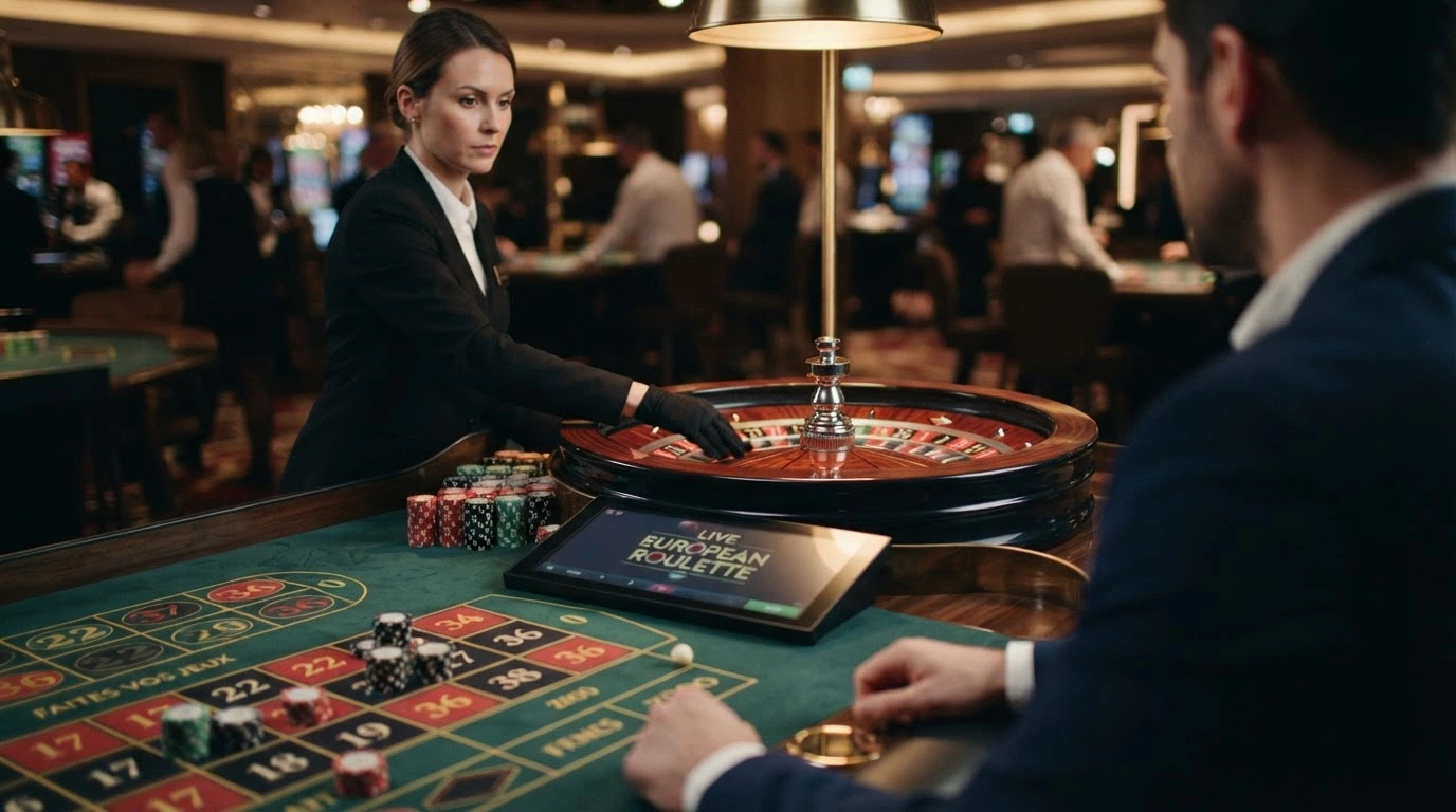 Tavolo di roulette europea in versione digitale con primo piano sulla ruota a 37 caselle, le puntate e il croupier dal vivo in streaming