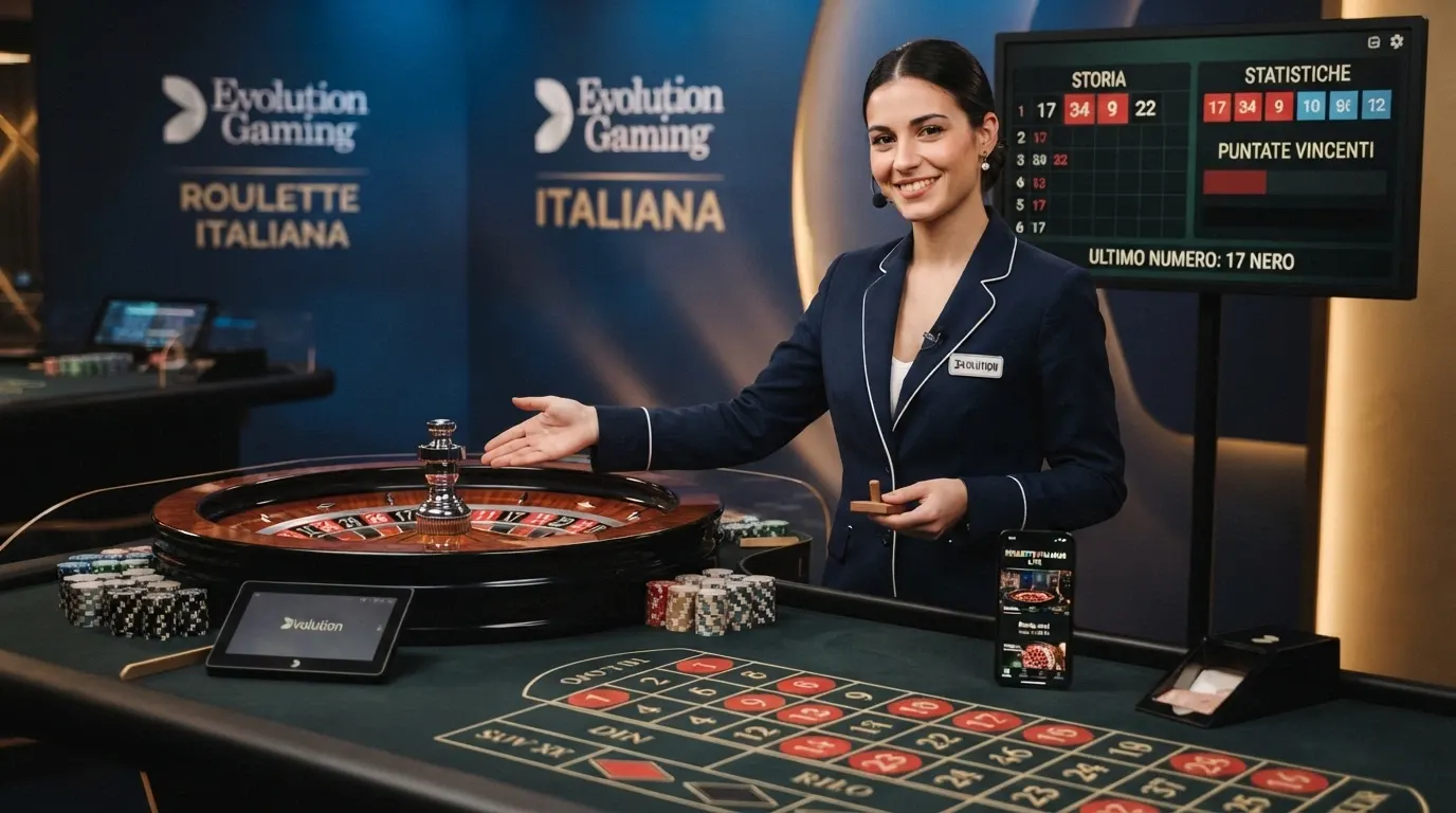 Il set dello studio Evolution Gaming dedicato al mercato italiano, con croupier in uniforme che gestisce il tavolo e interfaccia di gioco visibile sullo schermo