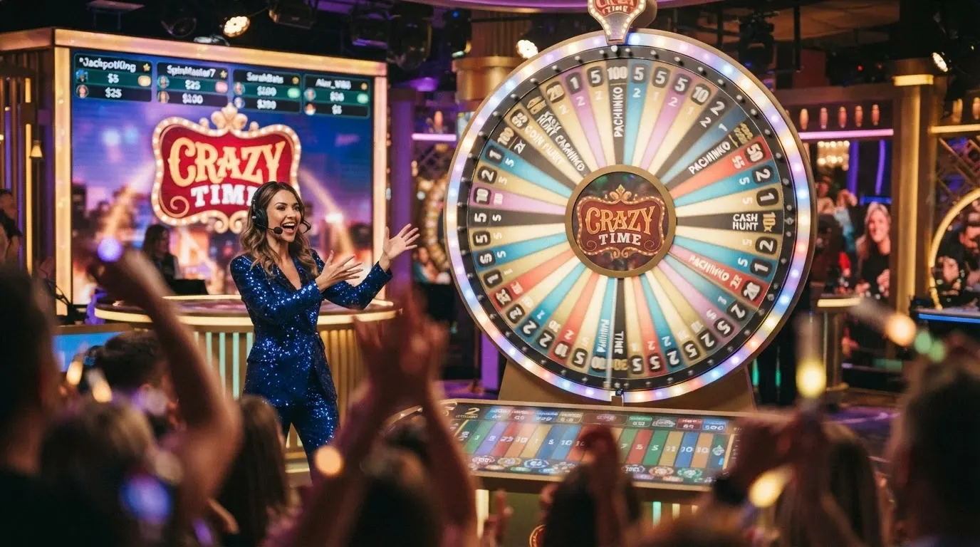 La ruota verticale di Crazy Time in uno studio Evolution Gaming con croupier e giocatori connessi visibili nell'interfaccia
