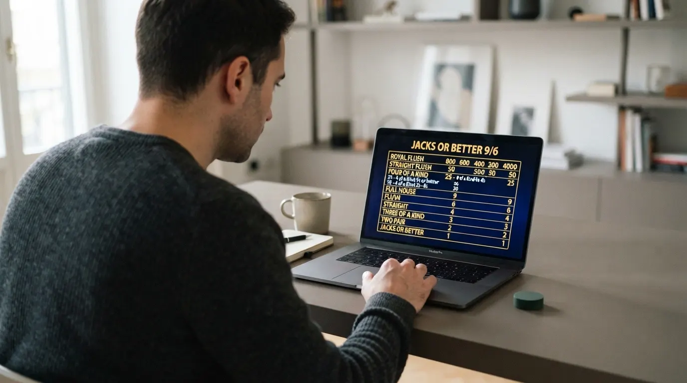 Il paytable di un Jacks or Better 9/6 con i payout evidenziati per ogni mano vincente, dalla coppia di Jack alla scala reale