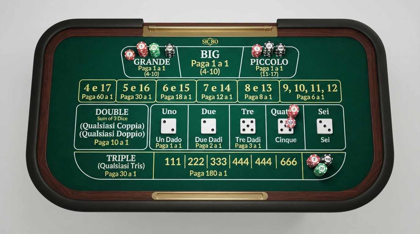 Schema del tavolo da Sic Bo con tutte le aree di puntata: Big, Small, Totali, Doppie, Triple e scommesse sui singoli dadi