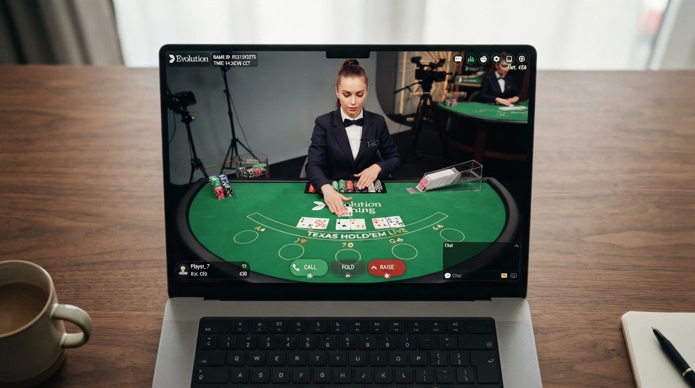 Un croupier in alta definizione davanti a un tavolo da Texas Hold'em con le carte community disposte sul tavolo (flop, turn, river) e l'interfaccia delle puntate visibile in sovrimpressione