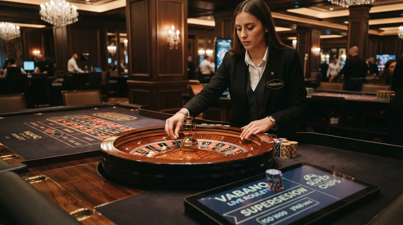 Un tavolo di roulette francese dal vivo con interfaccia Vabanq, croupier inquadrato e pannello delle puntate con l'opzione Super Chips attiva.