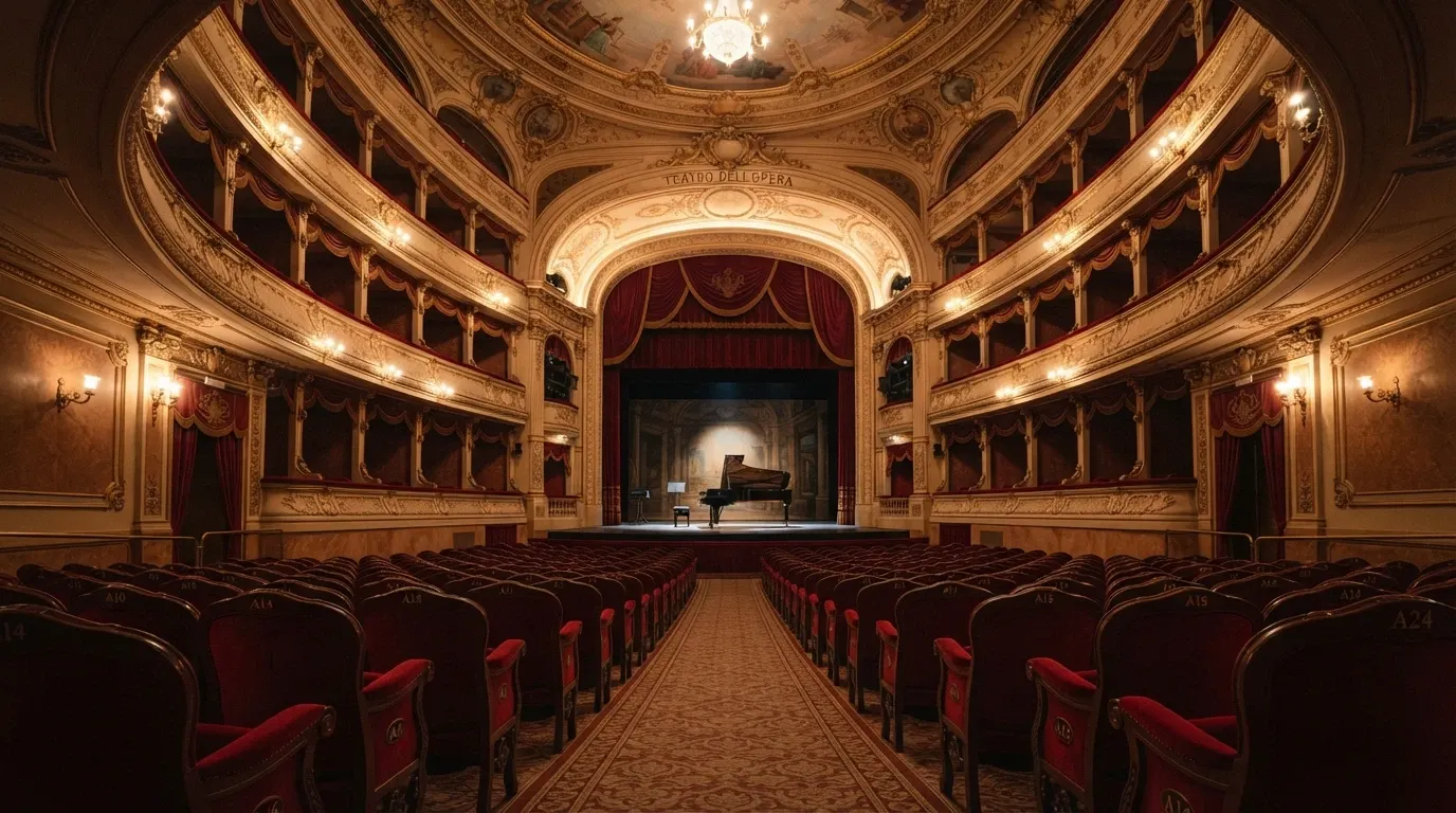 Interno del Teatro dell'Opera del Casinò di Sanremo con ordini di palchi, velluti e lampadari in stile Liberty
