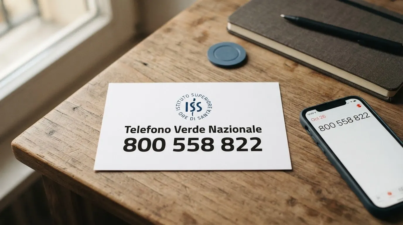 Il numero 800 558 822 in grande evidenza su sfondo bianco con il logo dell'Istituto Superiore di Sanità e l'orario 10:00-16:00 dal lunedì al venerdì