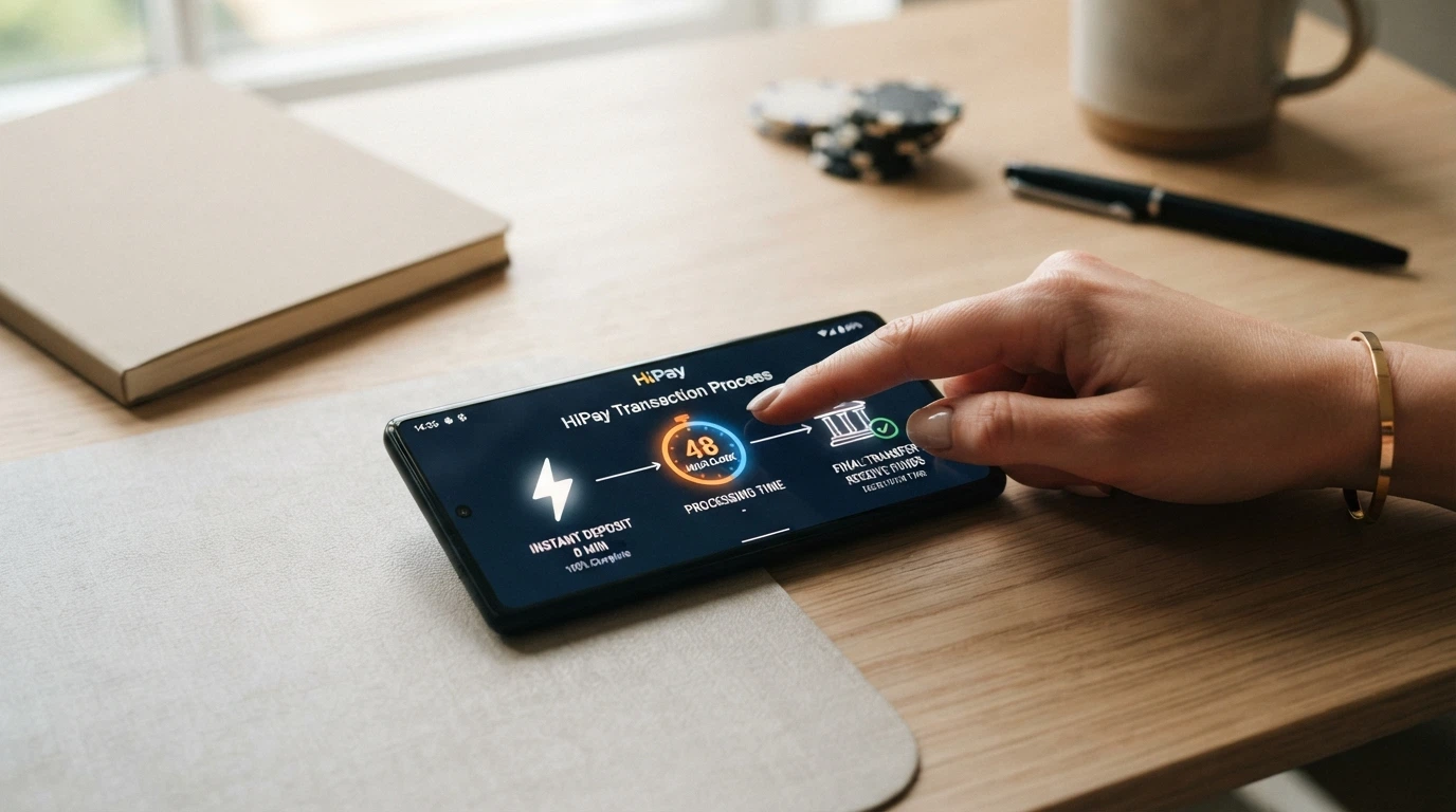 Flusso temporale che mostra le fasi di un deposito e di un prelievo con HiPay: deposito immediato, elaborazione prelievo 48 ore, accredito sul conto