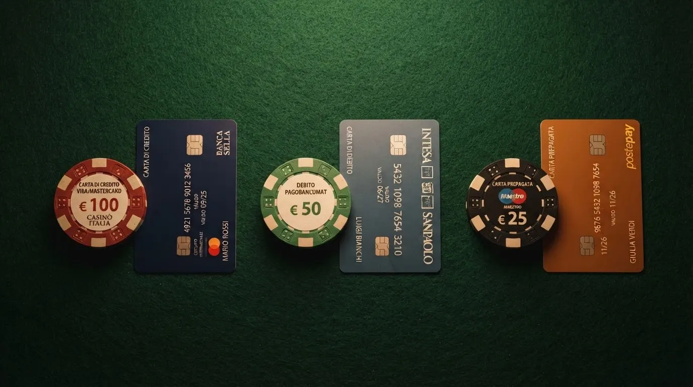 Tre carte Mastercard affiancate — una di credito, una di debito e una prepagata — con l'indicazione delle commissioni applicate da ciascuna nel contesto del gioco online