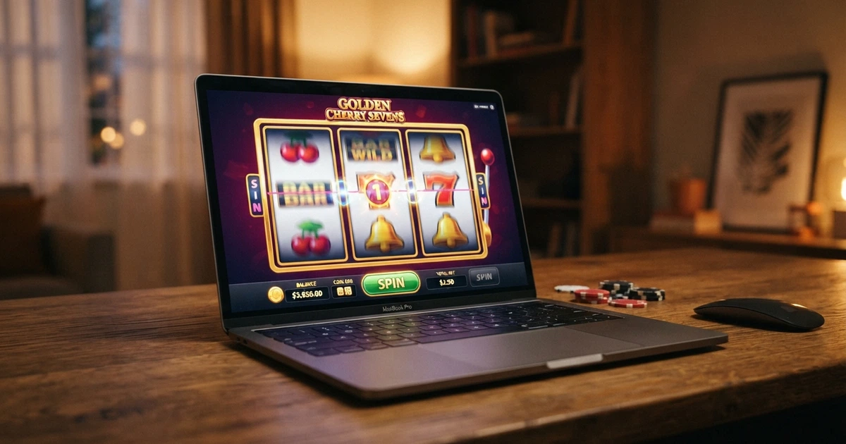Una slot machine online visualizzata sullo schermo di un laptop, con i rulli in movimento e un'icona a forma di dado che rappresenta la casualità del generatore RNG