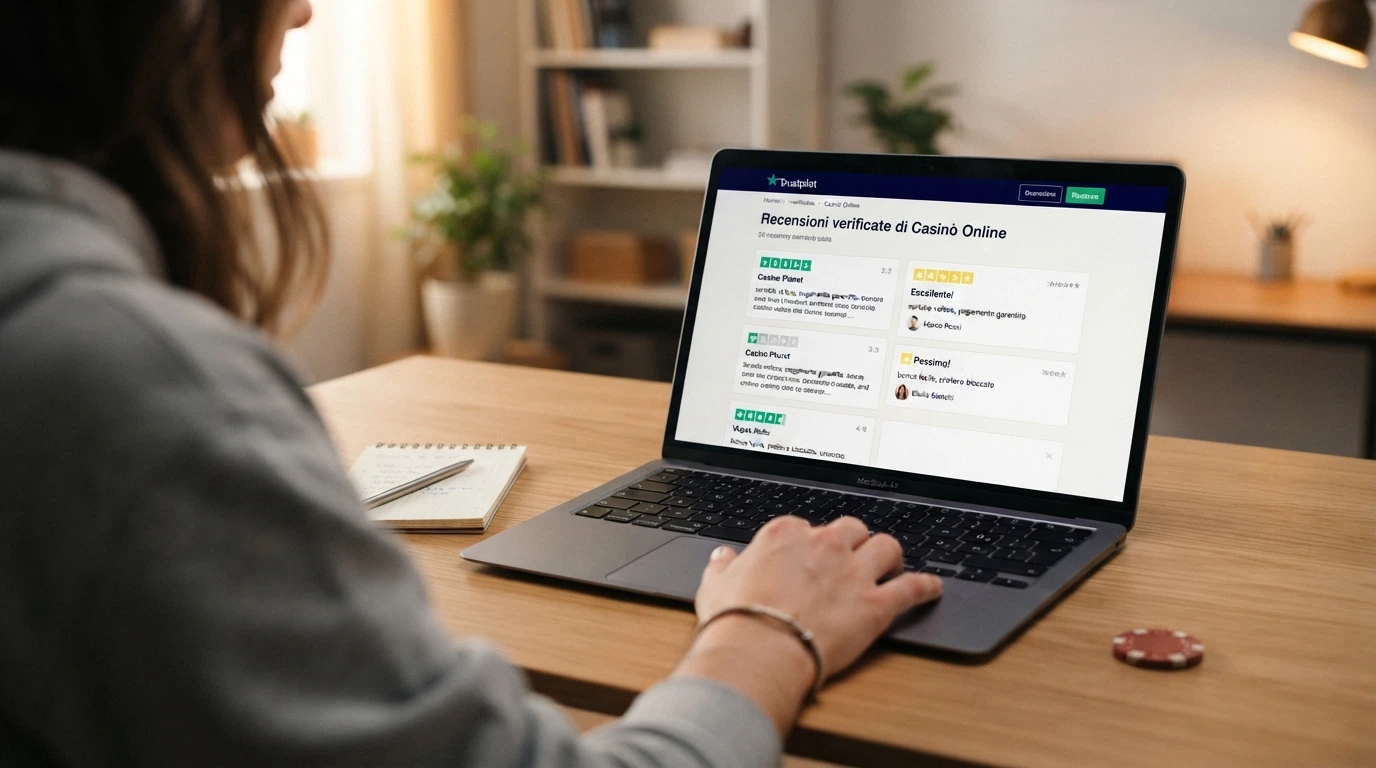 Una schermata di Trustpilot con le valutazioni in stelle di diversi operatori di casinò online, affiancata da un estratto di commenti reali