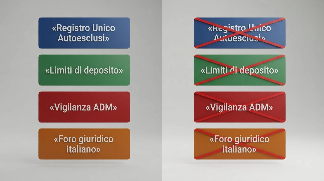 Un'infografica che mette a confronto due colonne: a sinistra le tutele del giocatore sotto concessione ADM (RUA, limiti di deposito, supervisione, foro legale italiano), a destra l'assenza di ciascuna voce per i siti senza concessione