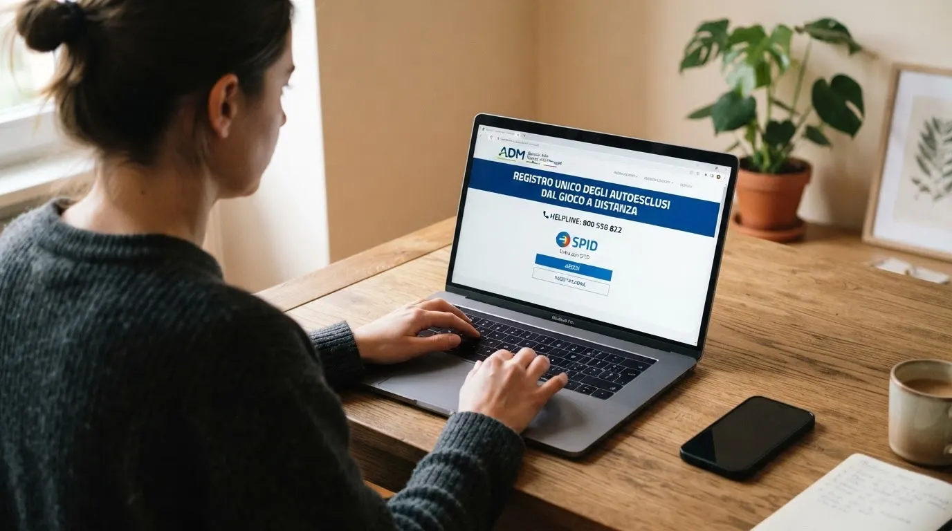 Schermata del portale ADM per l'accesso al Registro Unico degli Autoesclusi, con il simbolo SPID in evidenza e il numero verde 800 558 822 dell'Istituto Superiore di Sanità
