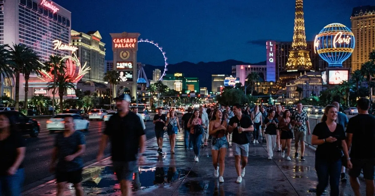 La Strip di Las Vegas di notte con le insegne luminose dei casinò e i turisti sul marciapiede