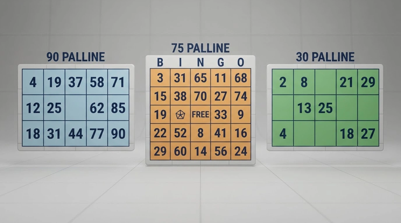 Tre cartelle di bingo affiancate nei formati 90, 75 e 30 palline con i rispettivi layout a confronto