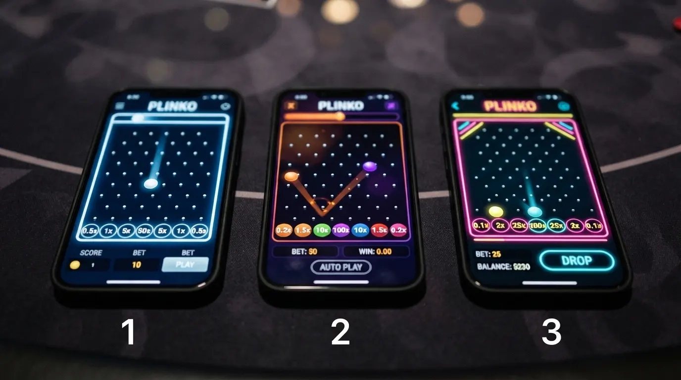 Tre schermate affiancate delle interfacce Plinko di BGaming, Spribe e Hacksaw, con il tabellone a pioli, la pallina in caduta e la griglia dei moltiplicatori visibile in ciascuna.