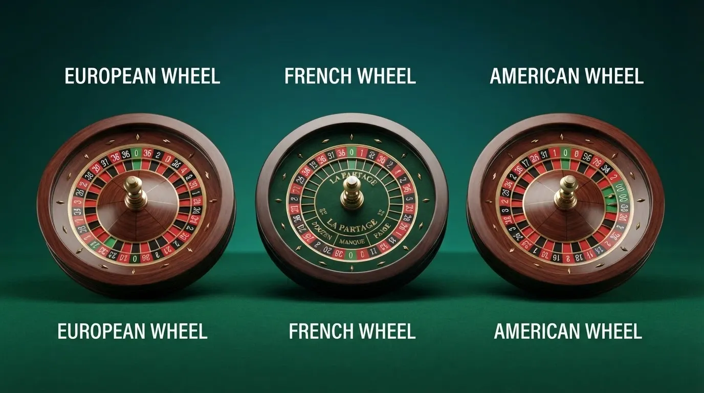 Tre ruote della roulette affiancate — europea con uno zero, francese con il tappeto verde e americana con il doppio zero