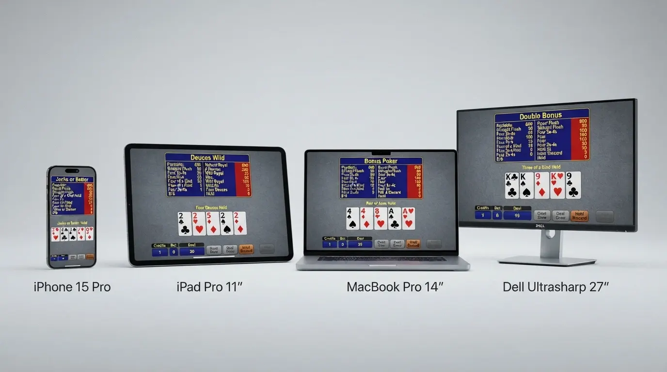 Quattro schermate affiancate di diverse varianti di video poker: Jacks or Better, Deuces Wild, Bonus Poker e Double Bonus