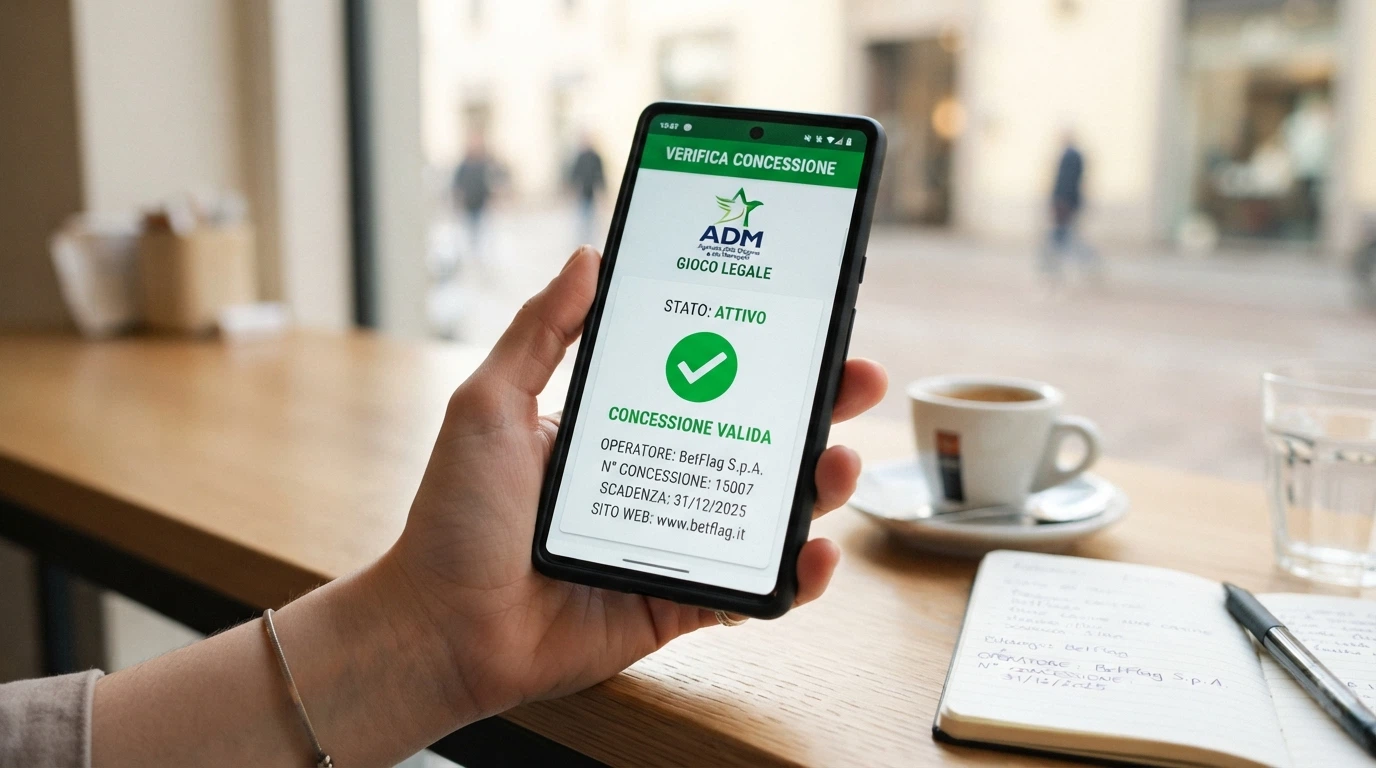 Schermata dell'app ADM Gioco Legale con la schermata di verifica di una concessione di gioco a distanza