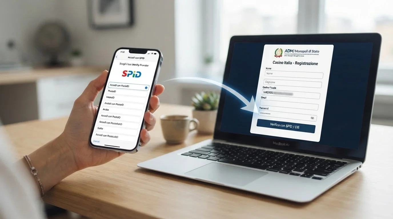 Uno smartphone che mostra la schermata di login SPID accanto all'interfaccia di registrazione di un casinò online, con una freccia che collega i due schermi