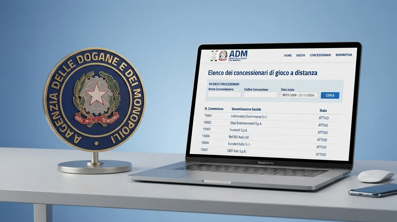 Logo ufficiale dell'Agenzia delle Dogane e dei Monopoli accanto alla schermata dell'elenco concessionari autorizzati