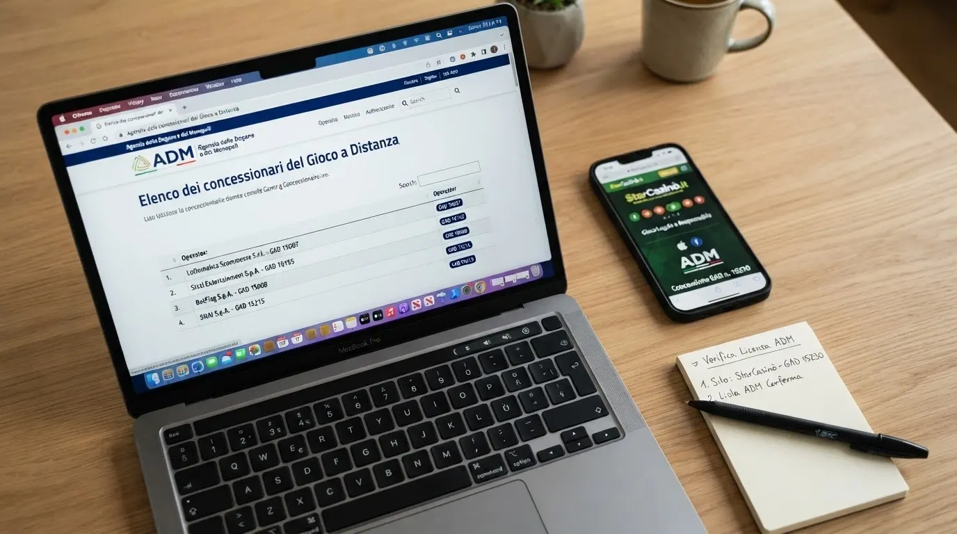 Un dettaglio del footer di un casinò online con il numero di concessione GAD e il link al sito adm.gov.it, affiancato dalla schermata dell'elenco concessionari ufficiale