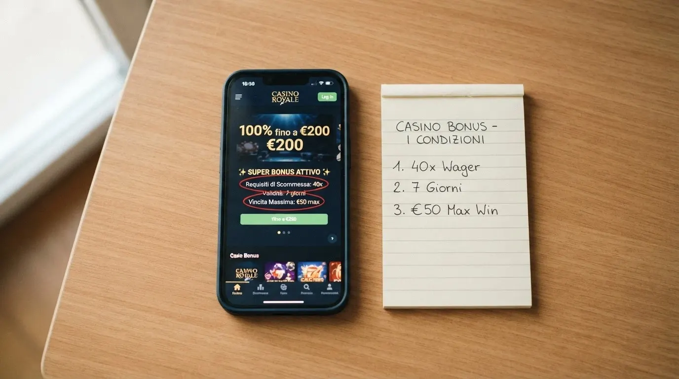 Una calcolatrice appoggiata su un foglio con tre numeri cerchiati in rosso: «40x», «7 giorni», «€50 max». Sullo sfondo, la schermata di un casino con un banner «Bonus 100% fino a 5.000€».