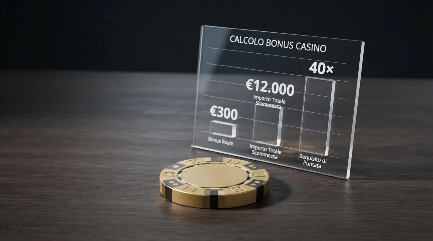 Un calcolo stilizzato del requisito di puntata: la cifra del bonus si moltiplica per il wagering, mostrando il volume reale di giocate