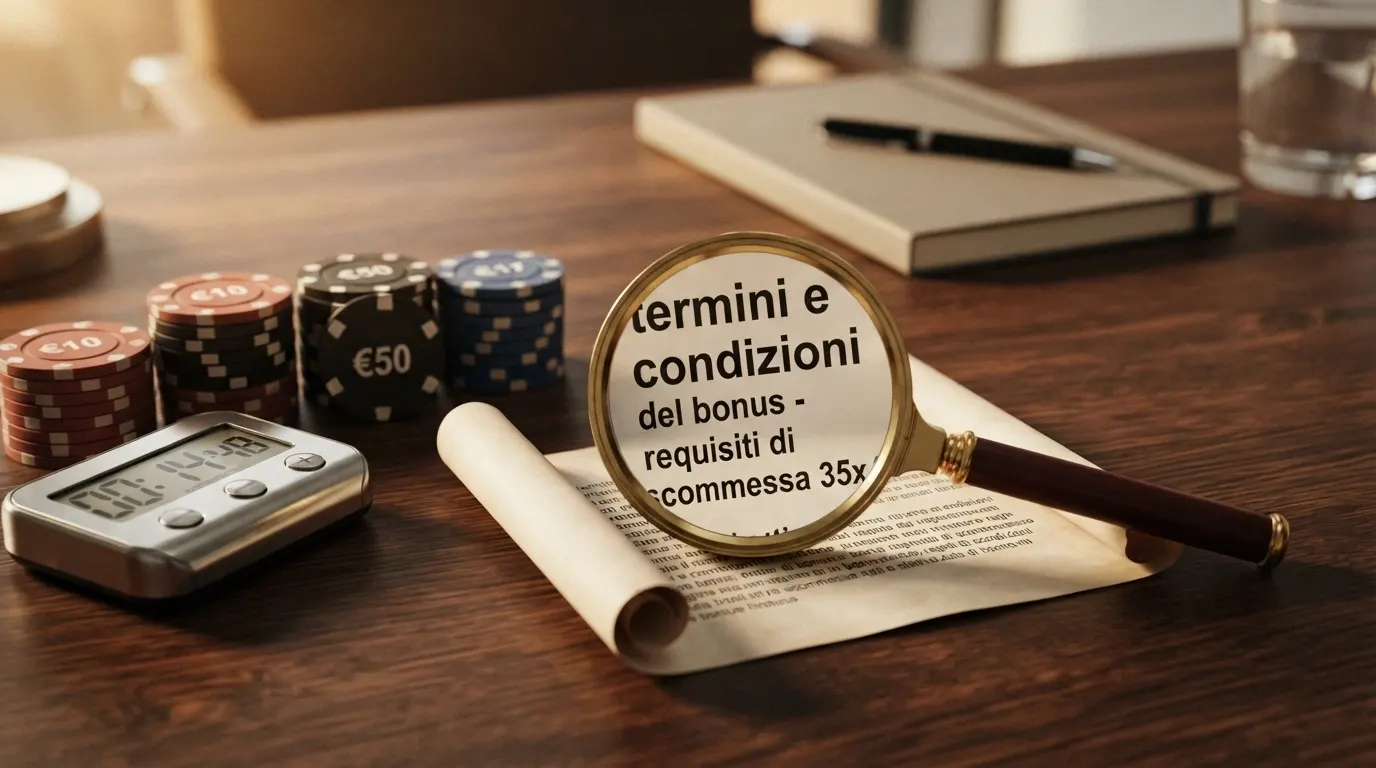 Una pila di fiches accanto a un cronometro e a una lente che ingrandisce la scritta «termini e condizioni» in piccolo