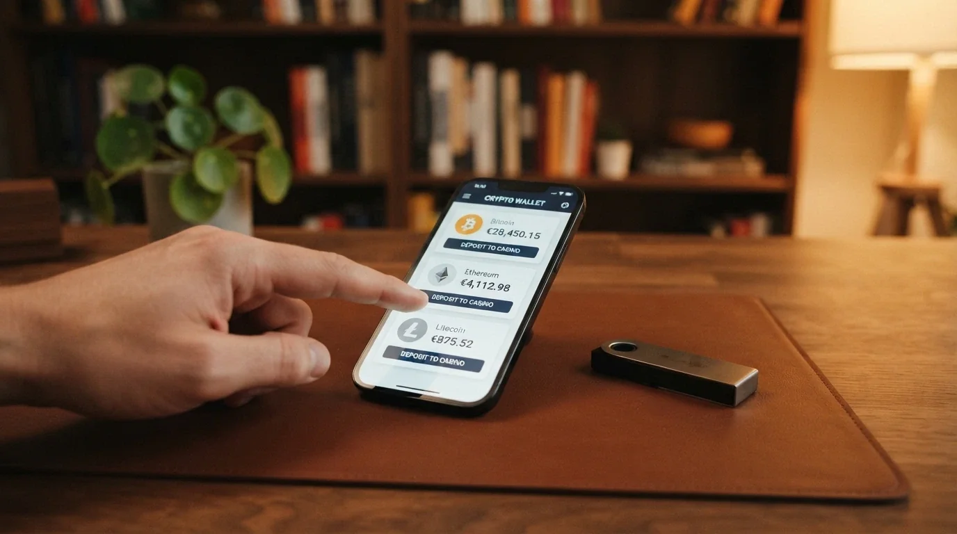 Interfaccia di un wallet di criptovalute con transazioni in Bitcoin, Ethereum e USDT accanto al logo di un casinò crypto