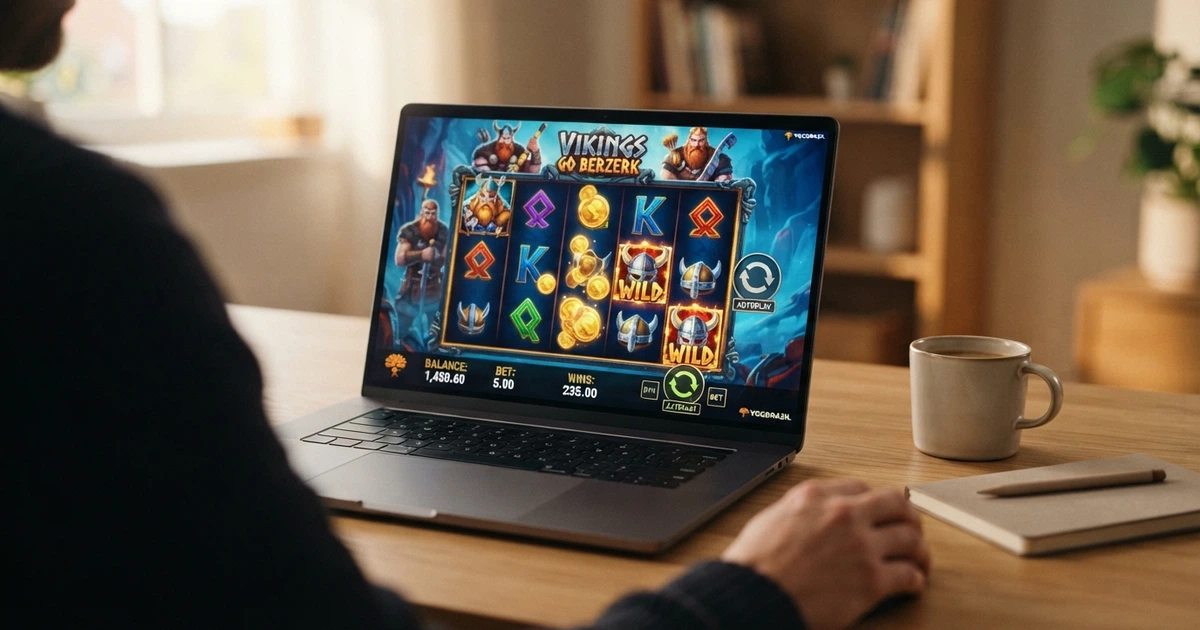 Interfaccia di una slot machine Yggdrasil con rulli e simboli colorati, schermata di gioco su desktop